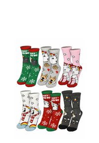 Set of colorful socks featuring various designs: green with snowflakes, pink unicorns, grey with dogs, and festive patterns. Cotton blend material.