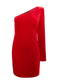 Rochie roșie din catifea, cu un design asimetric pe un umăr, mânecă lungă pe o parte și o siluetă ajustată. Textură netedă.