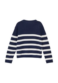 Maglione a maglia blu navy con strisce orizzontali bianche, maniche lunghe e colletto tondo. Tessuto morbido con un design a vestibilità rilassata.