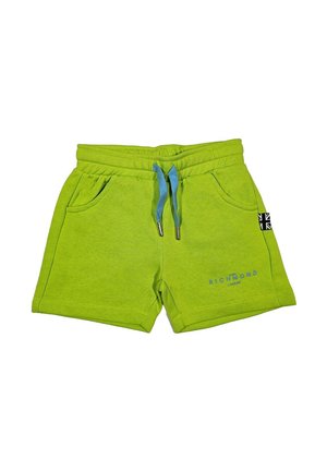 Shorts verdi in cotone con vita elastica, cordoncino blu, tasche laterali e logo stampato sulla gamba sinistra.