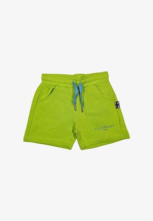 Shorts verdi in cotone con vita elastica, cordoncino blu, tasche laterali e logo stampato sulla gamba sinistra.