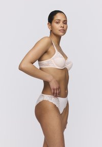 Lace-trimmed bra and matching brief in soft beige. The set features floral lace accents and smooth fabric with a delicate sheen.