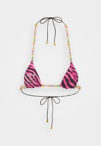 Rosa og svart zebra-mønstret bikini topp med trekantede kopper, perlebelagte stropper i pastellfarger, og svarte bånd med gullakenter.