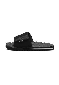 Sort glidesandal med en tekstureret overdel og polstret sål. Fremstillet af syntetiske materialer med en mønstret rem og letvægtsdesign.