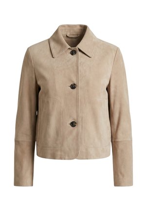 Beige suede jacket with a classic collar, three dark buttons down the front, long sleeves, and two front patch pockets.