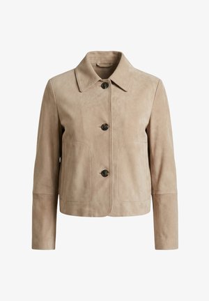 Beige suede jacket with a classic collar, three dark buttons down the front, long sleeves, and two front patch pockets.