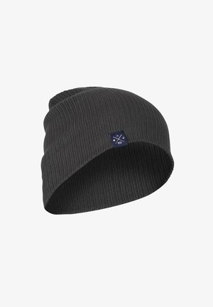 Dark gray knitted beanie hat featuring ribbed texture, fold-over cuff, and a small navy logo patch with geometric design.