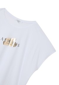 T-shirt bianca in cotone con vestibilità rilassata, colletto rotondo e maniche corte. Presenta una stampa nera e dorata con la scritta "SCEGLI SEMPRE TE STESSO."