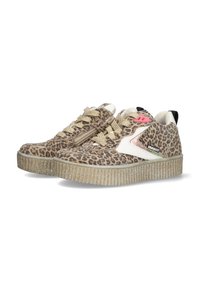 Leopardenmuster-Sneaker mit beigen und weißen Akzenten. Verfügt über eine strukturierte Oberfläche, dicken glitzernden Sohle und flachen Schnürsenkeln.