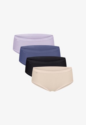 Fire sømløse hipstershorts til kvinder i beige, sort, mørkeblå og lys lavendel, stablet diagonalt på en hvid baggrund.