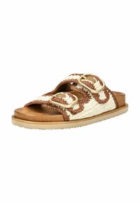Woven slide sandal featuring white and brown patterns, dual adjustable straps with metallic buckles, and a natural rubber sole.