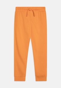 Oranžové jogger nohavice z jemného materiálu, s elastickým pásom na šnúrku a rebrovanými manžetami. Obsahujú dve bočné vrecká.