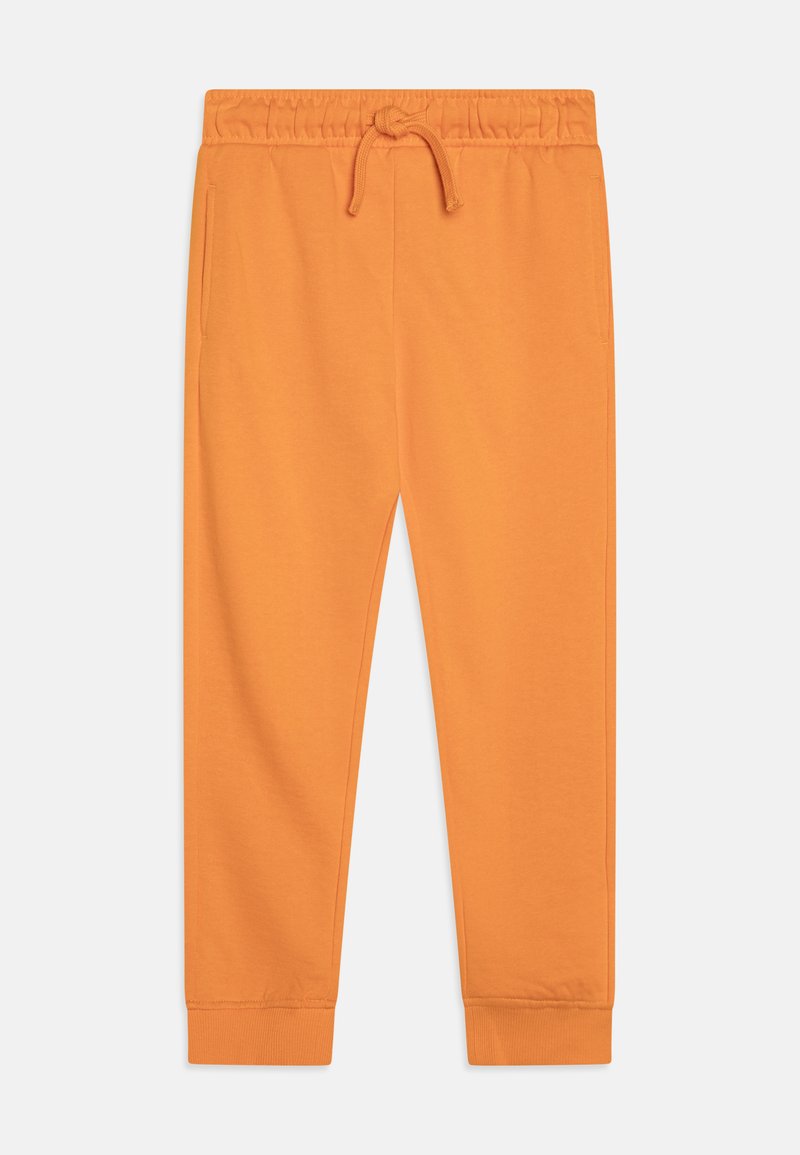 Orangene Jogginghose aus softem Stoff, mit elastischem Bund und Kordelzug sowie gerippten Bündchen. Zwei Seitentaschen sind enthalten.