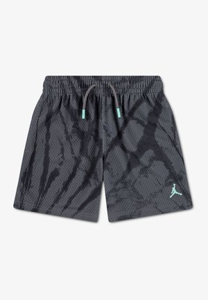 Čierne a tmavosivé športové šortky z priedušnej sieťoviny s abstraktným vzorom, elastickým pásom, šnúrkou so svetlomätovými koncami a malým svetlomätovým logom na ľavej nohe.