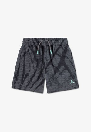 Sort og mørkegrå mesh-sportsshorts med abstrakt mønster, elastisk talje, snørre med mintfarvede tip og lille mintfarvet logo på venstre ben.