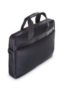 Schwarze schlanke Laptop-Tasche mit zwei Griffen, vorderer Reißverschlusstasche und Metallring an der Seite zur Befestigung des Schultergurts.