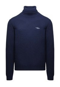 Maglione a collo alto color navy in tessuto strutturato con maniche lunghe. Presenta un piccolo logo argentato sul petto. Vestibilità classica e polsini a costine.