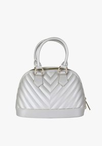 Borsa trapuntata grigio chiaro con doppi manici, motivo a chevron, dettagli in metallo color oro e chiusura superiore con zip. Materiale sintetico liscio.