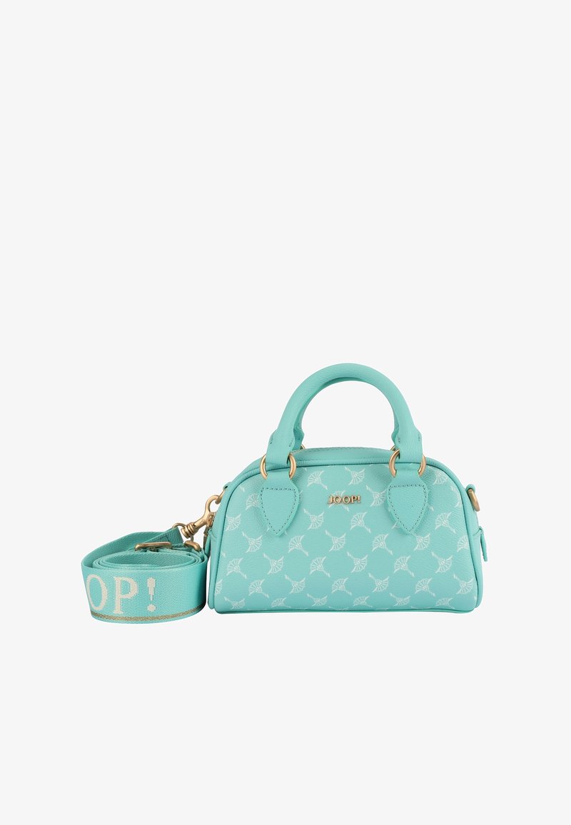Sac à main turquoise avec motif floral blanc, logo doré "JOOP!", double poignée supérieure et bandoulière assortie amovible.
