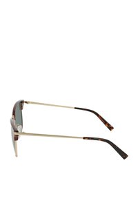 Tortoiseshell zonnebril met groene lenzen, gouden metalen pootjes en unieke details op de uiteinden. Strak, modern ontwerp met een lichte textuur.