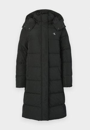Black puffer coat with a hood, featuring a quilted design, front zipper closure, and logo on the left chest. Smooth, insulated fabric.