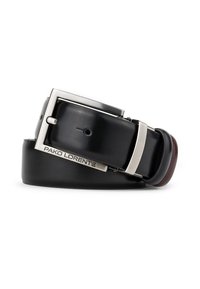 Czarny skórzany pasek z kwadratową klamrą ze srebrnego metalu, z akcentem brandowym i gładką teksturą. Klasyczny i uniwersalny design.