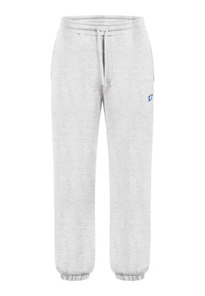 Lysegrå joggingbukser med elastisk taljebånd, snøre, sidelommer, elastiske manchetter og lille blå, rød og hvid logo på låret.