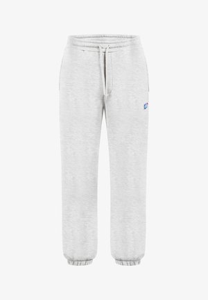 Lysegrå joggingbukser med elastisk taljebånd, snøre, sidelommer, elastiske manchetter og lille blå, rød og hvid logo på låret.