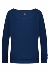 Dunkelblaues Langarmshirt mit weiter Ausschnitt. Verfügt über einen leicht strukturierten Stoff und ein orangefarbenes besticktes Logo auf der Rückseite.