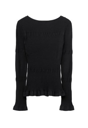 Black long-sleeve ribbed knit sweater with fitted silhouette and ruffled edges at hem and cuffs.