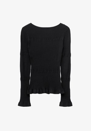 Black long-sleeve ribbed knit sweater with fitted silhouette and ruffled edges at hem and cuffs.