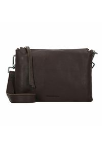 Borsa a tracolla in pelle marrone con texture liscia, chiusura con zip, tracolla regolabile e logo sottile impresso sul davanti.