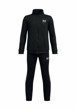 Black tracksuit made of soft fabric. Features a zip-up jacket with a stand collar and matching pants with logo and side accents.