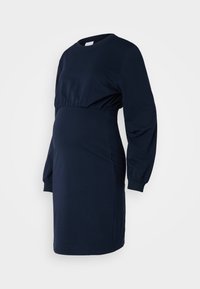 Rochie de maternitate bleumarin, confecționată dintr-un material moale, cu mâneci lungi, talie strânsă și o croială lejeră care se adaptează unui abdomen în creștere.