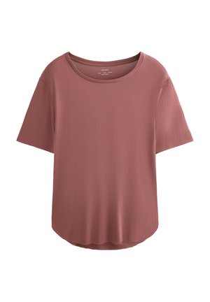 Rosé-colored t-shirt made from soft, lightweight material. Features a round neck and short sleeves, with a relaxed fit and curved hemline.