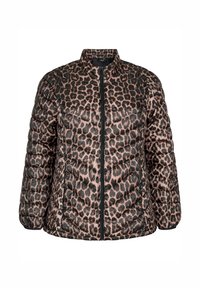 Giacca imbottita con motivo leopardato in nero e marrone chiaro, presenta una chiusura con zip e colletto alto. Superficie trapuntata e strutturata.