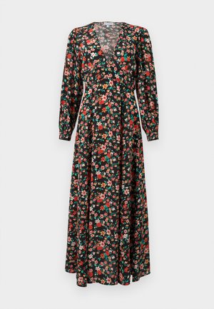 Maxikleid mit floralem Muster, das einen schwarzen Grundton mit roten, pinken und grünen Blumen hat. Lange Ärmel, tiefes V-Ausschnitt und fließende Silhouette.