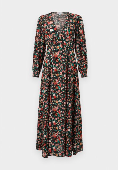 Floral maxi dress featuring a black base with red, pink, and green flowers. Long sleeves, deep V-neck, and flowing silhouette.
