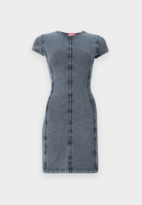 Denim obleka v temno sivi barvi s kratkimi rokavi, okroglo ovratnikom in osrednjim šivnim detajlom. Gladka tekstura, prilegajoč silhueta, do kolen.