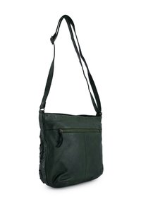 Green leather shoulder bag with a single adjustable strap, featuring a front zip pocket and textured side details. Smooth surface finish.