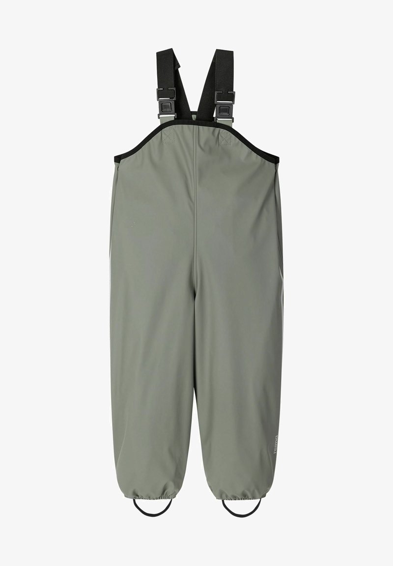 Salopettes imperméables de couleur olive avec bretelles noires ajustables, poignets élastiques et fixations renforcées pour un ajustement sécurisé.