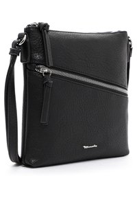 Borsa a tracolla nera in pelle con finitura testurizzata, dotata di un compartimento anteriore con zip e una lunga tracolla regolabile. Finiture in metallo argentato.