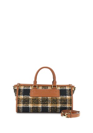 Karierte Handtasche in Schwarz, Gelb und Weiß mit Akzenten aus braunem Kunstleder und einem abnehmbaren Schultergurt. Mit oberen Griffen und Markenplakette.