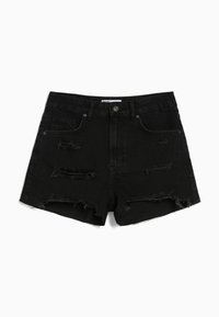 Pantalones cortos de mezclilla negra con detalles desgastados, que presentan bordes deshilachados y bolsillos mínimos. Cierre de botón en la cintura.