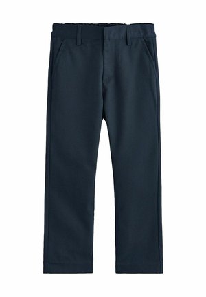 Marineblaue Hosen aus einem glatten, gewebten Stoff. Sie verfügen über eine flache Vorderseite, zwei Seitentaschen und einen normalen Bund mit Gürtelschlaufen.