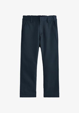 Marineblaue Hosen aus einem glatten, gewebten Stoff. Sie verfügen über eine flache Vorderseite, zwei Seitentaschen und einen normalen Bund mit Gürtelschlaufen.