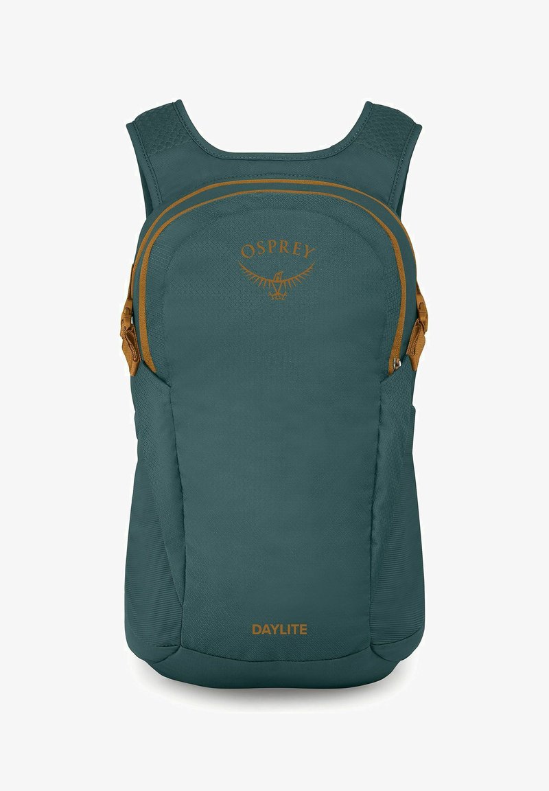 Sac à dos compact de couleur sarcelle avec bretelles rembourrées, accents de fermeture éclair marron et logo "Osprey Daylite" sur le panneau avant.