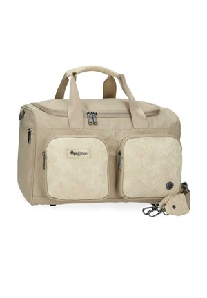 Borsa a sacco beige con due tasche frontali con zip, due manici per il trasporto e una tracolla staccabile con ganci metallici.