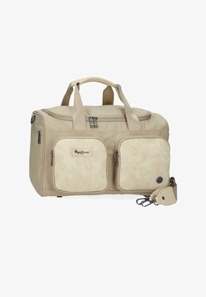 Borsa a sacco beige con due tasche frontali con zip, due manici per il trasporto e una tracolla staccabile con ganci metallici.