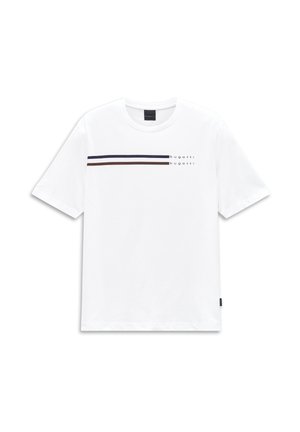 White short-sleeve T-shirt with two horizontal stripes and small "bugatti" text on the chest, round neckline, and black label on the side.